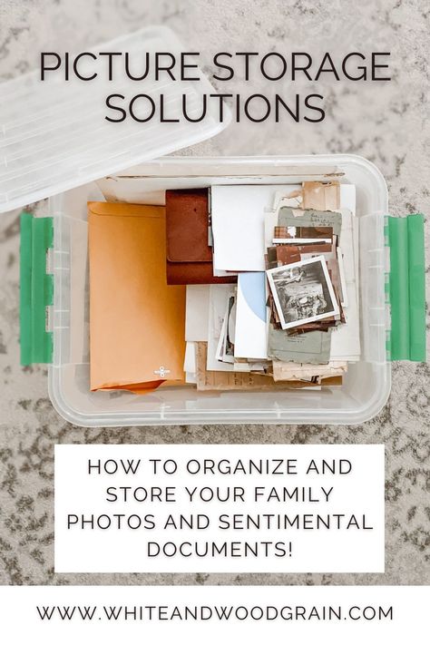 How to store and organize family photos, the best expandable picture albums to use, and bonus tips for storing historic and sentimental documents! These albums simplify photo storage! Storing Photo Albums, Keepsake Storage Ideas How To Organize, How To Store Pictures, How To Store Picture Frames, Picture Storage Ideas Organizing, Photo And Memorabilia Storage, Organizing Family Photos, Where To Store Photo Albums, Large Photo Storage