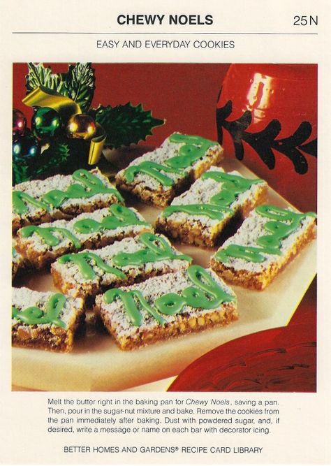 Chewy Noels | Vintage Recipe Cards Vintage Holiday Recipes, Vintage Christmas Recipes, Vintage Recipe Cards, Decorator Icing, Christmas Brunch, Holiday Foods, Retro Recipes, Garden Recipes, I Love Christmas