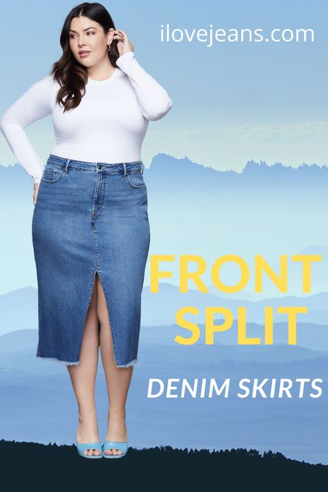 The front split denim skirt is a sexy playful number! Showing a glimpse of leg this skirt is in need of curves to carry it off. Read this post on which denim skirt suits your body shape.  denim split skirt, denim split skirt outfit, front split denim skirt outfit, maxi denim skirt outfit,  midi denim skirt outfit, Denim Skirt Outfit Midi, Plus Size Denim Skirt Outfit, Midi Denim Skirt Outfit, Maxi Denim Skirt Outfit, Event Dresses Classy, Curvy Winter Outfits, Denim Midi Skirt Outfit, Winter Outfits Tumblr, Winter Outfits 2019