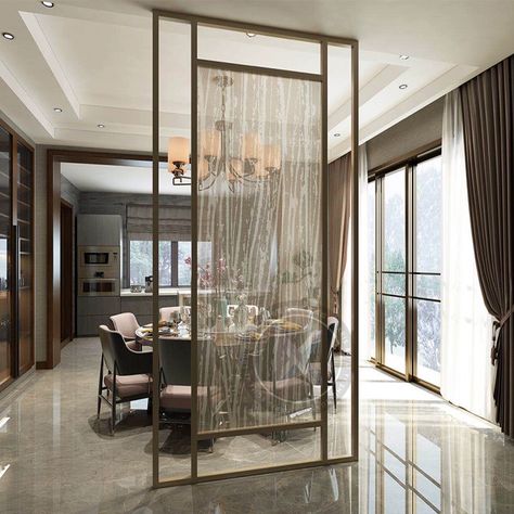 Custom art glass screen Guangdong manufacturers direct sales of household entrance partition light luxury Nordic sandwich glass Entrance Partition, Glass Partition Designs, Dining Area Decor, Metal Room Divider, Screen Partition, Stainless Steel Tile, Stainless Steel Screen, Divider Design, Carpentry Projects