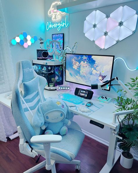 happy weekend🤍✨ ˖*:･༄updated setup i moved my setup to a different room, my last room, was very small, so now i have more space to spread out. I still need to organize more of the room, but my desk area is done. hope you like it🥹 also sneak peek of some upcoming collabs reel🩵 ⋆..𖥔 ݁ ˖*:･༄ don’t forget to follow for more tech | gaming | desk setup inspo | theme setups | cinnamoroll and more…. ପ૮๑ᵔ ᵕ ᵔ๑ აଓ #cinnamoroll #sanriolove #gamingcommunity #desksetup #technisport #gaminggirlsofinstag... Small Gaming Room Setup, Blue Desk Setup, Genshin Sanrio, Cinnamoroll Room, Gaming Setup Bedroom, Video Game Room Decor, Games Room Inspiration, Gaming Bedroom, Mat Aesthetic