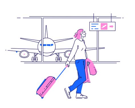 Airport Illustration Art, Airport Clipart, Airport Drawing, Airport Window, Luggage Illustration, Airport Illustration, Vacation Illustration, Woman Traveling, Airplane Illustration