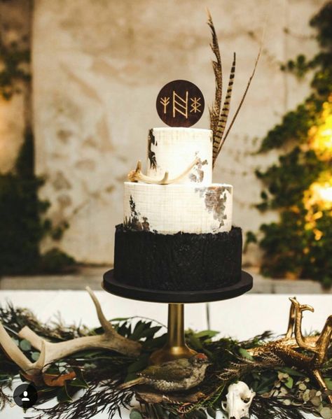 Kelly and Justin decided to have a viking inspired wedding! It was amazing and we made the gorgeous cake topper! Nutmeg Cake Design made this beautiful cake! Viking Wedding Cake, Heathen Wedding, Nutmeg Cake, Viking Party, Nordic Wedding, Pagan Wedding, Viking Wedding, Winter Wedding Cake, Medieval Wedding