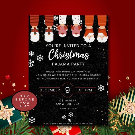 Pajama Christmas Party, Kids Xmas Party Ideas, Pajama Party Invitations Template Free, Fancy Pajama Party Invite, Christmas Sleepover Invitations, Christmas Pajamas Party Invitations, Pijama Christmas Party Invitation, Pajama Christmas Party Invitations, Christmas Slumber Party Invitations