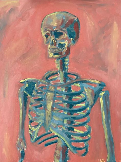 Painting Of Skeleton, Skeleton Art Gcse, How To Paint A Skeleton, Abstract Skeleton Art, Skeleton Oil Painting, Anatomy Art Painting, Gothic Art Inspiration, Skeloten Art, Skeleton Painting Canvas