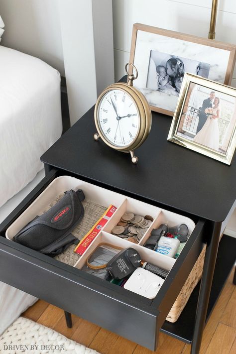 A simple organizer to whip a small drawer (like this nightstand drawer) into shape! Men’s Nightstand Decor, Organize Nightstand Drawer, Organizing Nightstand Drawers, Night Stand Drawer Organization, Bedside Table Organization Ideas, Night Stand Organization, Nightstand Organization Ideas, Nightstand Drawer Organization, Girls Room Organization