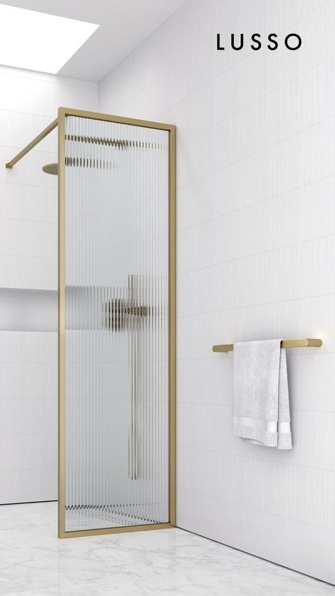 Bring an extra layer of luxury to your shower with this stunning brushed gold screen. Masterfully crafted with marine grade stainless steel and 8mm toughened reeded glass, this piece is designed to bring luxury and grandeur to your bathroom for years to come. The timeless styling of this opulence shower screen allows for seamless integration into classic and contemporary bathrooms alike. Wet Room Shower, Screen Enclosures, Reeded Glass, Gold Shower, Brass Shower, Luxury Shower, Bath Screens, Gold Bathroom, Glass Bathroom