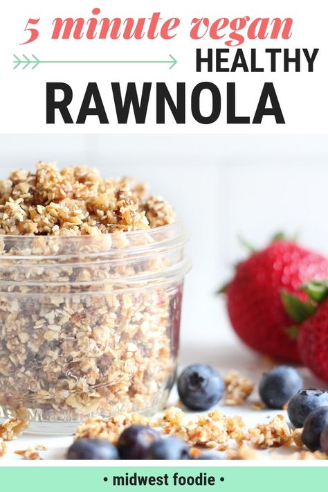 5 Minute Vegan Rawnola -- Not just for vegans!! This raw take on classic granola is the perfect healthy breakfast to fuel you through a busy morning! #vegan #recipe #healthy #granola #rawnola #breakfast #brunch #oats #oatmeal #cereal #coconut via @midwestfoodiegirl Raw Vegan Breakfast, Oatmeal Cereal, Raw Granola, Raw Breakfast, Raw Vegan Diet, Healthy Granola, Vegetarian Nutrition, Perfect Healthy Breakfast, Raw Vegan Desserts