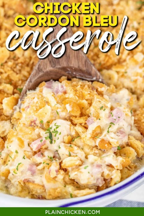 Chicken Cordon Bleu Casserole recipe - creamy chicken casserole loaded with ham and swiss cheese. Super easy to make and tastes great! Cooked chopped chicken, ham, sour cream, cream of chicken soup, swiss cheese, onion powder, garlic powder, butter, and Ritz crackers. The whole family LOVED this easy chicken casserole. It is already back on the menu again this week! Chicken Cordon Bleu Casserole With Ritz Crackers, Ham Chicken Casserole, Chicken Cordon Blue Casserole With Cream Of Chicken Soup, Dinner For When Its Hot Out, Chicken Ham Swiss Casserole, Recipes With Chopped Ham, Cordon Blue Casseroles, Chopped Ham Recipes, Recipes Using Cream Of Chicken Soup