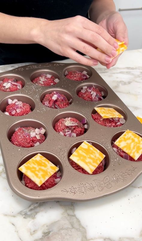 This dinner recipe is a game changer | muffin, hamburger, dinner, recipe | This dinner recipe is a game changer I make yummy burger sliders using my muffin tin. | By Justine Kameron Appetizers Using Hamburger Meat, Ground Beef Muffin Tin Recipes, Muffin Pan Recipes Dinner, Muffin Tin Burgers, Sliders In Muffin Tin, Hamburger Muffin Tin Recipes, Hamburger Muffin Cups, Hamburger Bites In Muffin Tin, Muffin Tin Dinners