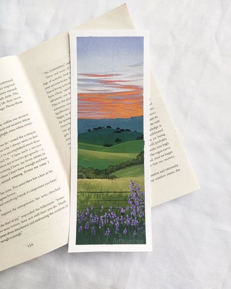 Artistic Bookmarks, Hand Painted Bookmarks, Landscape Bookmarks, Gouache Art Simple, Bookmark Painting Ideas, Bookmarks Painted, Bookmarks Aesthetic, Bookmark Painting, Painted Bookmarks