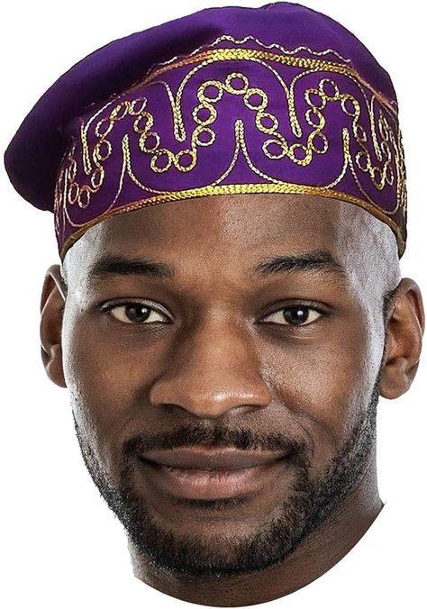 Dupsie's Adebo Purple African Kufi Hat with Gold Embroidery Size 7 5/8 (24 Inches) (XL) at Amazon Men’s Clothing store African Hats Men, Black Nativity, African Crown, Kufi Hat, African Hats, Embroidery Shop, Cotton Hat, African Men, Gold Embroidery