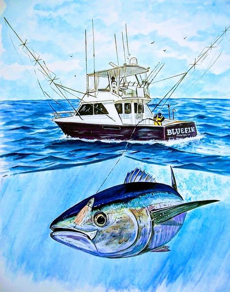 Deep Sea Fishing Tattoo, Tuna Painting, Marine Drawing, Fishing Artwork, Sea Life Painting, Beach Art Painting, Fish Artwork, Illustration Nature, Blue Marlin