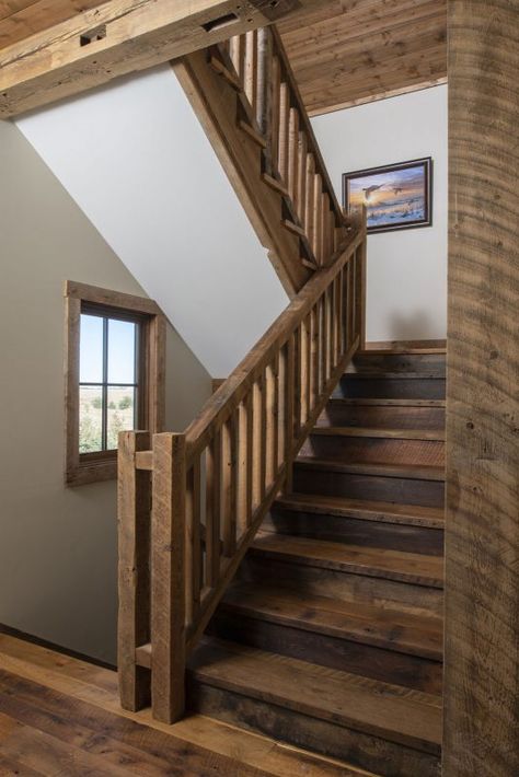 Cabin Stairs, Rustic Stairs, Timber Frame Building, Log Cabin Rustic, Log Cabin Designs, Gambrel Roof, Basement Plans, Interior Colors, Attic Renovation