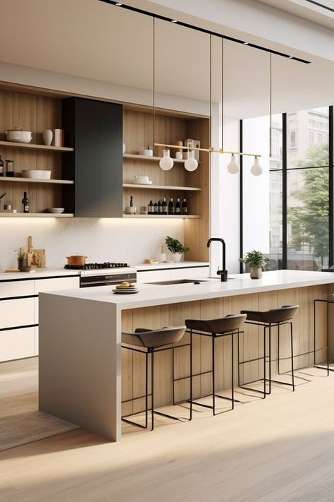 Modern Peninsula Kitchen, Modern Australian Kitchen, Kitchen White And Wood, Japandi Kitchen Design, Japandi Kitchen, Modern Kitchen Interiors, Kitchen Concepts, Remodel Kitchen, House Design Kitchen