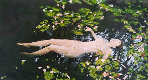 An acrylic painting of a nude female figure floating in a body of water alongside algae, fallen leaves, on A4 230g/m paper by Ruth Coetzer created during day 35-40 for #the100dayproject Body In Water Painting, Woman In Lake Painting, Body In Water Drawing, Body In Water Reference, Woman Lying In Water, Person Floating In Water Reference, Laying In Water Reference, Floating Woman Drawing, Woman Floating In Water Tattoo