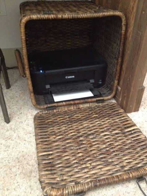 Hidden printer How To Hide Printer In Living Room, Hiding A Printer Home Decor, Hide A Printer Home Office, Hidden Printer Storage Ideas Diy, How To Hide Printer In Home Office, Printer In Living Room, Printer Cabinet Hidden, Hide Printer In Office, Printer In Bedroom