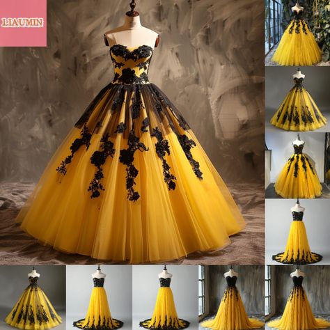 Classy Prom Dresses Yellow, Black And Yellow Wedding Dress, Filipino Debut, Yellow Ball Gown, Bridgerton Ball, Gold Color Dresses, Goth Wedding Dresses, Amazing Wedding Makeup, Yellow Wedding Dress