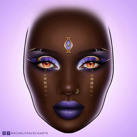 Makeup Face Chart inspired by Cyno from Genshin Impact. Gold purple cut crease, graphic liner, gold liner, purple liner, purple lips, ombre lips, dark skin, orange eyes, orange eyeliner, deshret script, king deshret, runes, eyebrow slits, straight brows, double nose ring Ombre Lips Dark Skin, King Deshret, Orange Eyeliner, Cyno Genshin Impact, Purple Cut Crease, Purple Liner, Eyebrow Slits, Double Nose Ring, Straight Brows