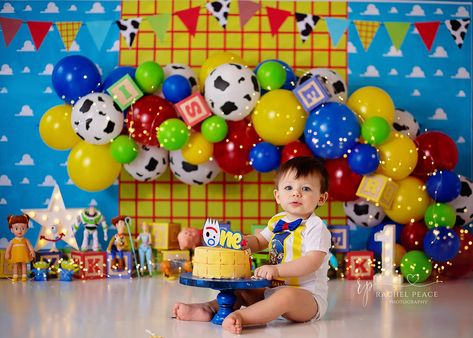 Toy Story Cake Smash party - Rachel Peace Photography Toy Story Backdrop Photoshoot, Toy Story Cake Smash Photos, Toy Story 1st Birthday Photoshoot, Toy Story Half Birthday, Toy Story Birthday Picture Ideas, Toy Story Birthday Photo Shoot, Toy Story Smash Cake 1st Birthdays, Toy Story Smash Cake, Toy Story Cake Smash