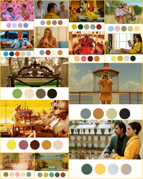 Wes Anderson palettes Wes Anderson Aesthetic Bathroom, Wes Anderson Aesthetic Outdoor, Wes Anderson Screenshots, Wes Anderson Inspired Branding, Wes Anderson Collage, Wes Anderson Scenes, Wes Anderson Colour Palette, Wes Anderson Women, Wes Anderson Aesthetic Fashion