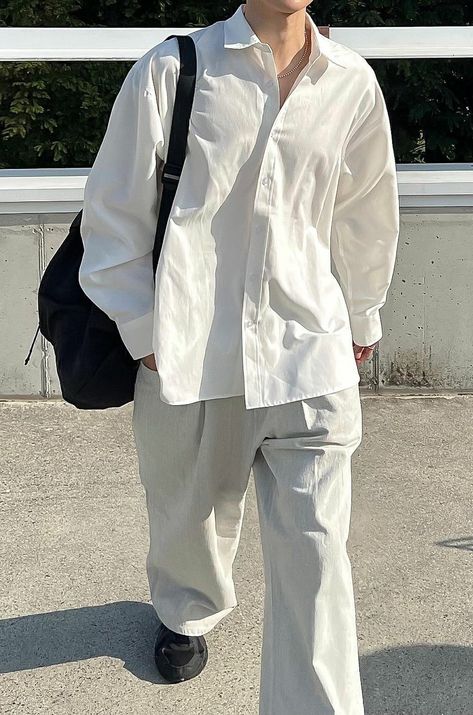 White Monochromatic Outfit Men, White Academia Aesthetic Outfit, White Male Outfit, Kyoto Prewedding, Soft Masculine Aesthetic, All White Outfit Men, Monochromatic Outfit Men, White Polo Men, White Long Sleeve Shirt Outfit