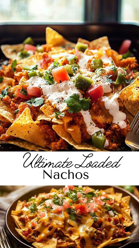 Dive into the savory goodness of loaded nachos, the ultimate comfort food for fall evenings. With layers of crispy chips, cheesy toppings, and flavorful fixings, this dish is great for entertaining or as a fun family dinner. Add jalapeños for an extra kick or serve with a side of salsa for dipping. Loaded Nachos Recipe, Food For Fall, Salsa Nachos, Baked Nachos, Crispy Chips, Loaded Nachos, Nachos Recipe, Oven Cooking, Vegetarian Options