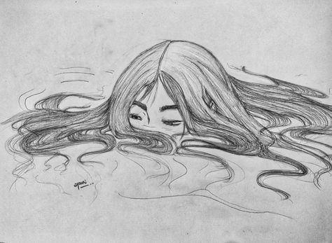 Girl drowning into water creative sketch. Floating hair over water. Head Out Of Water Drawing, Face Coming Out Of Water Drawing, Water Lady Drawing, Sea Person Drawing, Body In Water Drawing, Lady In Water Tattoo, How To Draw Hair In Water, Stream Of Water Drawing, Women In Water Drawing