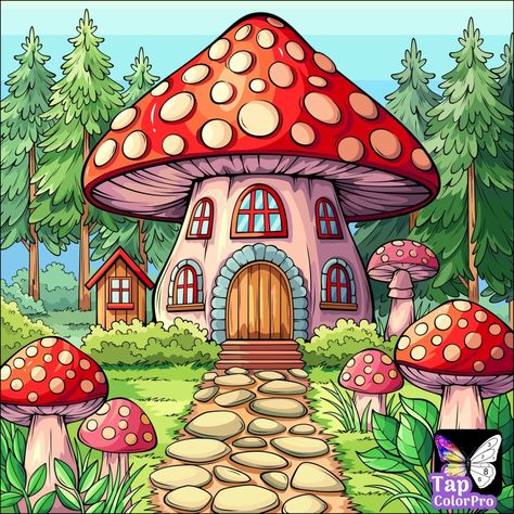 Mushroom House Drawing, Mushroom House Painting, Easy Mushroom House Drawing, Mushroom Village Drawing, Mushroom Home Drawing, Mushroom Cottage Drawing, Mushroom House Drawing Fairies, Drawing Scenery, Forest Drawing