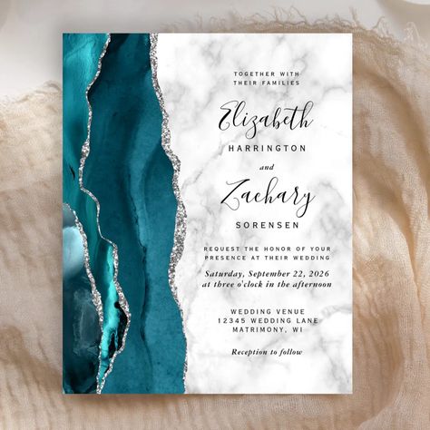 Budget Teal Silver Agate Marble Wedding Invite | Zazzle Teal And Silver, White Marble Background, Elegant Modern Wedding, Afternoon Wedding, Marble Wedding, Modern Wedding Invitation, Turquoise Wedding, Marble Background, Modern Wedding Invitations