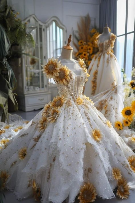 Yellow Prom Dress Ideas, Sunflower Prom Dress, Sunflower Wedding Dress The Bride, Sunflower 15 Dress, Yellow Princess Style Wedding Dress, Yellow Fairy Dress, Sunflower Wedding Dress, Yellow Princess Wedding Gown, Sunflower Princess Dress