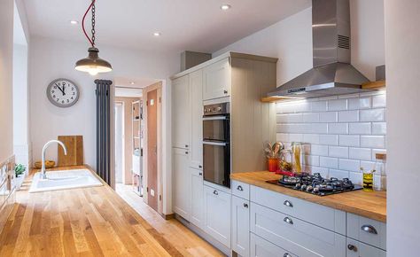 grey shaker style kitchen with wooden worktops Galley Shaker Kitchen, Shaker Style Galley Kitchens, Grey Galley Kitchen, Kitchen Victorian Terrace, Victorian Galley Kitchen Ideas, Galley Kitchen Terrace House, Small Victorian Terrace House Kitchen, Small Terraced House Kitchen, Terrace House Kitchen Ideas