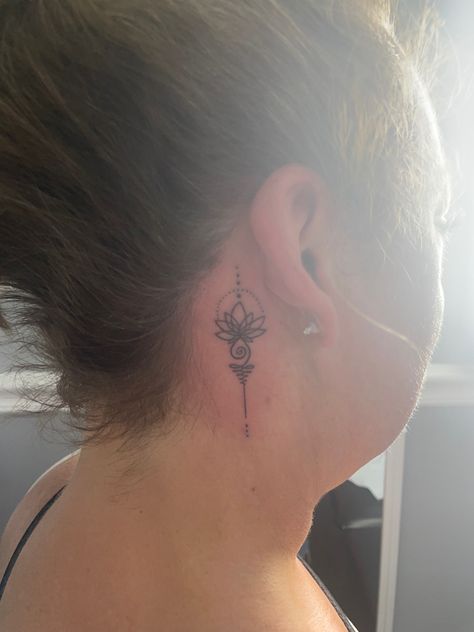 Behind The Ear Lotus Tattoo, Lotus Behind Ear Tattoo, Lotus Tattoo Behind Ear, Unalome Tattoo Behind Ear, Below Ear Tattoo, Lotus Flower Tattoo Behind Ear, Behind Ear Tattoos, Unalome Tattoo, Boho Tattoos