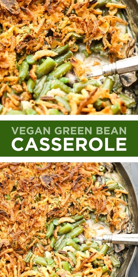 The best Vegan Green Bean Casserole with only 8 ingredients! So creamy and topped with french fried onions. Thanksgiving Goodies, Recipe Menu, Vegan Green Bean Casserole, Casserole Healthy, Vegan Casserole, Thanksgiving Foods, Greenbean Casserole Recipe, Vegan Holiday Recipes, Vegan Mushroom