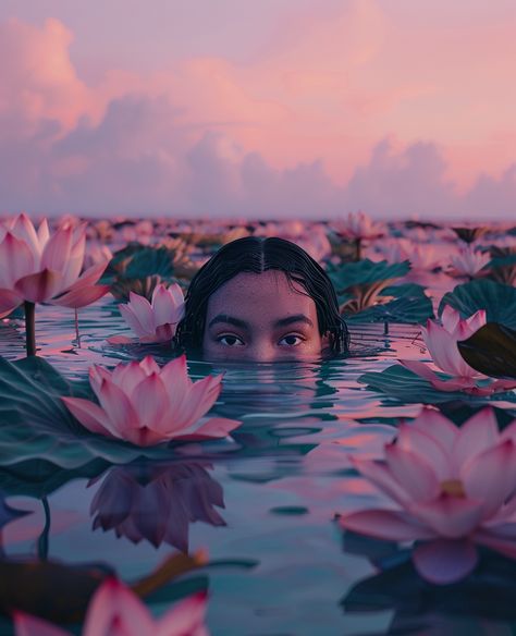 A surreal photo shows a woman's head peeking out from the water, surrounded by floating lotus leaves with a pink sky in the background. The style is surrealism in the style of Surrealism Face Floating In Water, Modern Surrealism Art, Surreal Photography Ideas, Woman Floating In Water, Floating Photography, Head In Water, Lotus Photo, Surrealism Artwork, Modern Surrealism