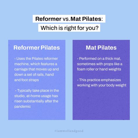 If you’re unsure about the difference between reformer Pilates and mat Pilates, first know that experts say both will benefit your health. Learn more about the two and how to choose the best option for you, at the link in our bio! #iamwellandgood Lagree Pilates, Quotes 2025, Pilates Quotes, Pilates Benefits, Reformer Pilates, Hand Weights, Mat Pilates, Foam Roller, Pilates Reformer