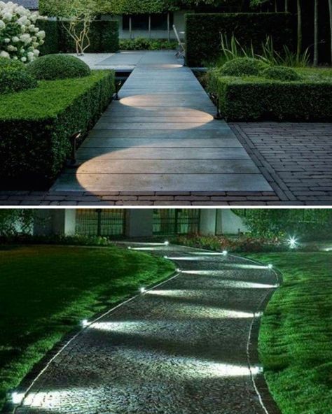 So cool garden pathway lighting idea. :) Driveway Lighting, Walkway Landscaping, Diy Outdoor Lighting, Landscape Lighting Design, Outdoor Garden Lighting, Outdoor Landscape Lighting, Garden Walkway, Backyard Lighting, Landscape Designs