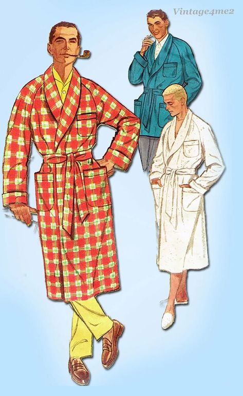 Simplicity 2312: 1950s Classic Men's Bathrobe Size Large Vintage Sewing Pattern #Simplicity #Menswear Monogram Robe, Bathrobe Pattern, 60s Men, Monogram Robes, Bathrobe Men, Costume Sewing Patterns, Mens Sleepwear, Mccalls Sewing Patterns, Set Patterns