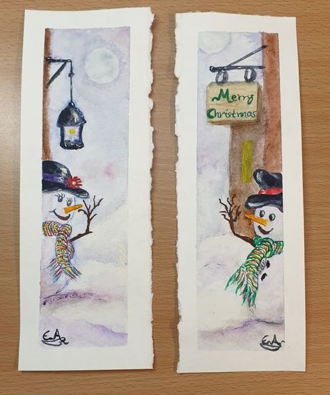 Christmas Snowman & Snowman Under the Moonlight Bookmarks in Watercolor Watercolor Christmas Bookmarks, Christmas Bookmarks Watercolor, Watercolor Art Christmas, Xmas Drawing, Aussie Christmas, Christmas Bookmarks, Watercolor Bookmarks, Diy Bookmarks, Cute Bookmarks