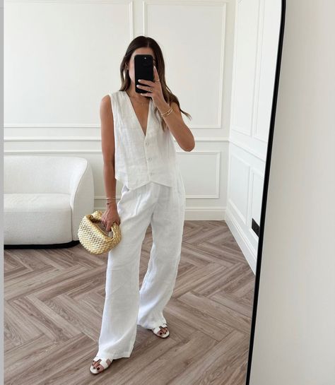 Dissh white linen set Linen Set Outfit, White Linen Pant, White Linen Set, White Tops Outfit, Linen Waistcoat, White Waistcoat, Linen Pant, White Linen Pants, Mommy Style