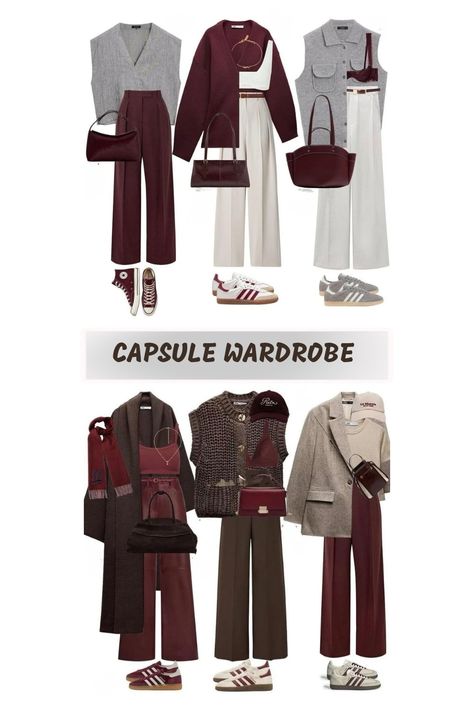 BURGUNDY | CHERRY | BEIGE | BROWN  COLOURS. OUTFITS | CAPSULE WARDROBE Cherry Pants Outfit, Wine And Brown Outfit, Burgundy Beige Outfit, Burgundy Capsule Wardrobe, Brown And Burgundy Outfit, Burgundy And Brown Outfit, Burgundy Trousers Outfit, Chinos Women Outfit, Burgundy Outfit Ideas