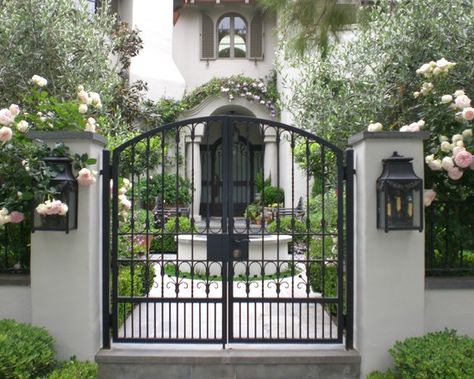 Iron Garden Gates, Front Fence, Iron Gate Design, Wrought Iron Gate, Front Courtyard, Mediterranean Landscaping, Wrought Iron Fences, Front Yard Fence, Wrought Iron Gates