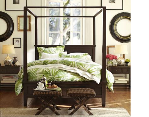 Chic and coastal Caribbean Bedroom, British Colonial Bedroom, Tropical Theme Bedroom, Colonial Bedroom, Tropical Bedroom, Bedding Pattern, Design Ložnic, Tropical Interiors, Bedroom Theme