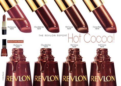 Revlon Hot Cocoa collections 90s Revlon Lipstick, Revlon Hot Chocolate Lipstick, Revlon Chocolate Velvet, Revlon Mink Lipstick, Revlon Berry Rich Lipstick, Revlon Violet Frenzy Lipstick, Chocolate Lipstick, Discontinued Makeup, Revlon Cosmetics