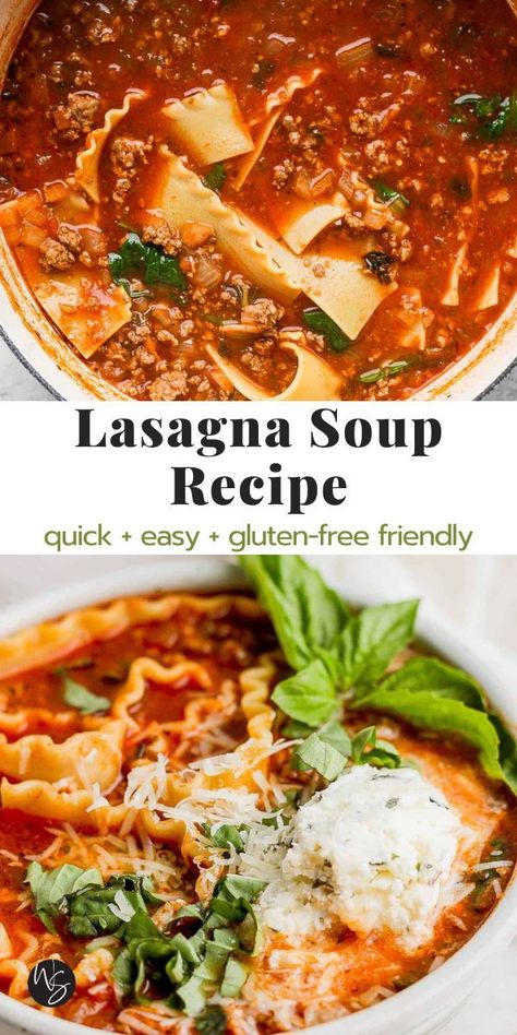 Lasagna Soup - a quick and easy recipe for making a flavorful homemade lasagna soup! Top it with our ricotta mixture and freshly grated parmesan cheese to bring even more great flavor. The whole family is going to love it! This recipe is gluten-free friendly. Lasagne Soup Recipe Vegetarian, Gluten Free Dairy Free Lasagna Soup, Raos Lasagna Soup, Lasagna Soup Ricotta, Gluten Free Lasagna Soup Crock Pot, Lasagna Soup Gluten Free, Gluten Free Lasagna Soup Recipe, Lasagna Soup Without Ricotta, Gf Lasagna Soup