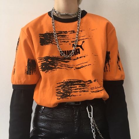 Orange Outfit Men Aesthetic, Orange Outfit Male, Orange Grunge Outfit, Orange Streetwear Outfit, Orange Clothes Aesthetic, Orange Aesthetic Outfits, Andro Outfits, Neon Punk Fashion, Black And Orange Outfit