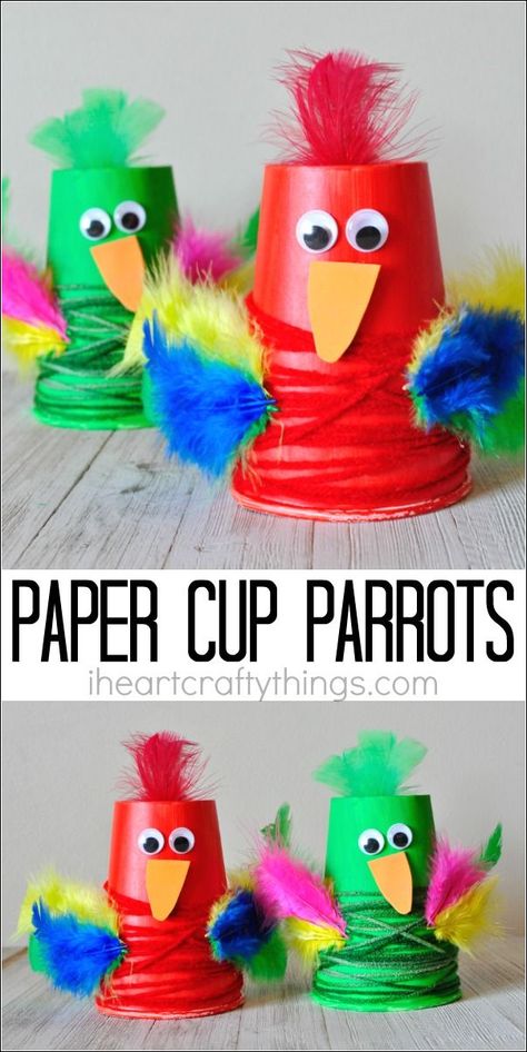 This colorful paper cup parrot craft makes a fun kids craft, bird craft for kids, upcycled kids craft, and preschool craft. Kids Crafts Birds, Craft Bird, Parrot Craft, Jungle Crafts, Paper Cup Crafts, Fun Thanksgiving Crafts, Bird Craft, Pirate Crafts, Preschool Craft