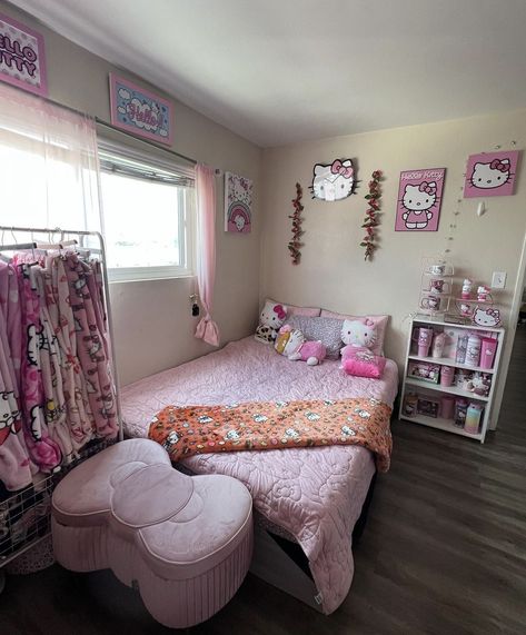 Cute Core Bedroom, Pink Hello Kitty Room, Hello Kitty Room, Y2k Sanrio, Kitty Room, Hello Kitty Room Decor, Pink Sanrio, Pink Everything, Hello Kitty Bedroom