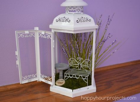 DIY Fairy Garden Guest House and a Springtime Collection from #MyFavoriteBloggers - Happy Hour Projects Fairy Garden Pots, Indoor Fairy Gardens, Fairy Bedroom, Fairy Room, Fairy Garden Plants, Faeries Gardens, Fairy Garden Supplies, Garden Lanterns, Diy Fairy