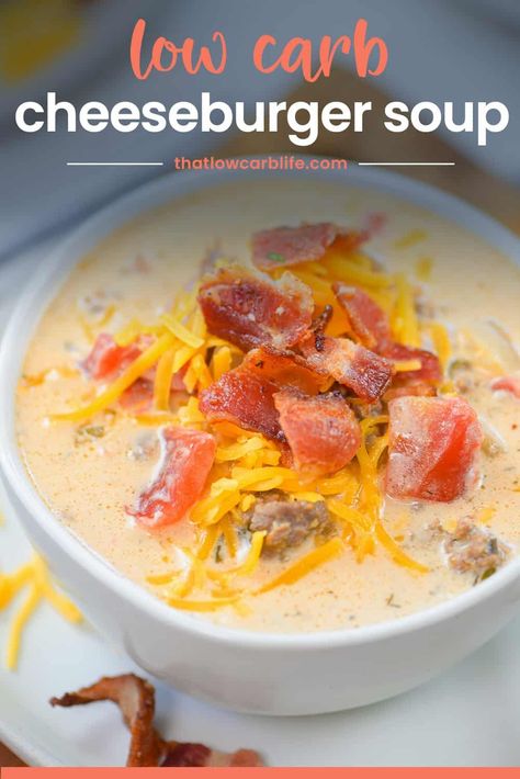 Our Keto Cheeseburger Soup with Bacon has all the flavors of my favorite burger but it's perfect for chilly nights and so filling! My family devours this low carb soup recipe and I bet yours will too! Low Carb Hamburger Soup Recipes, Cheeseburger Broccoli Soup, Keto Cheeseburger Soup, Low Carb Cheeseburger Soup, Best Steak Sauce, Bacon Cheeseburger Soup, Unstuffed Cabbage Rolls, Cheese Burger Soup Recipes, Spaghetti Squash Casserole